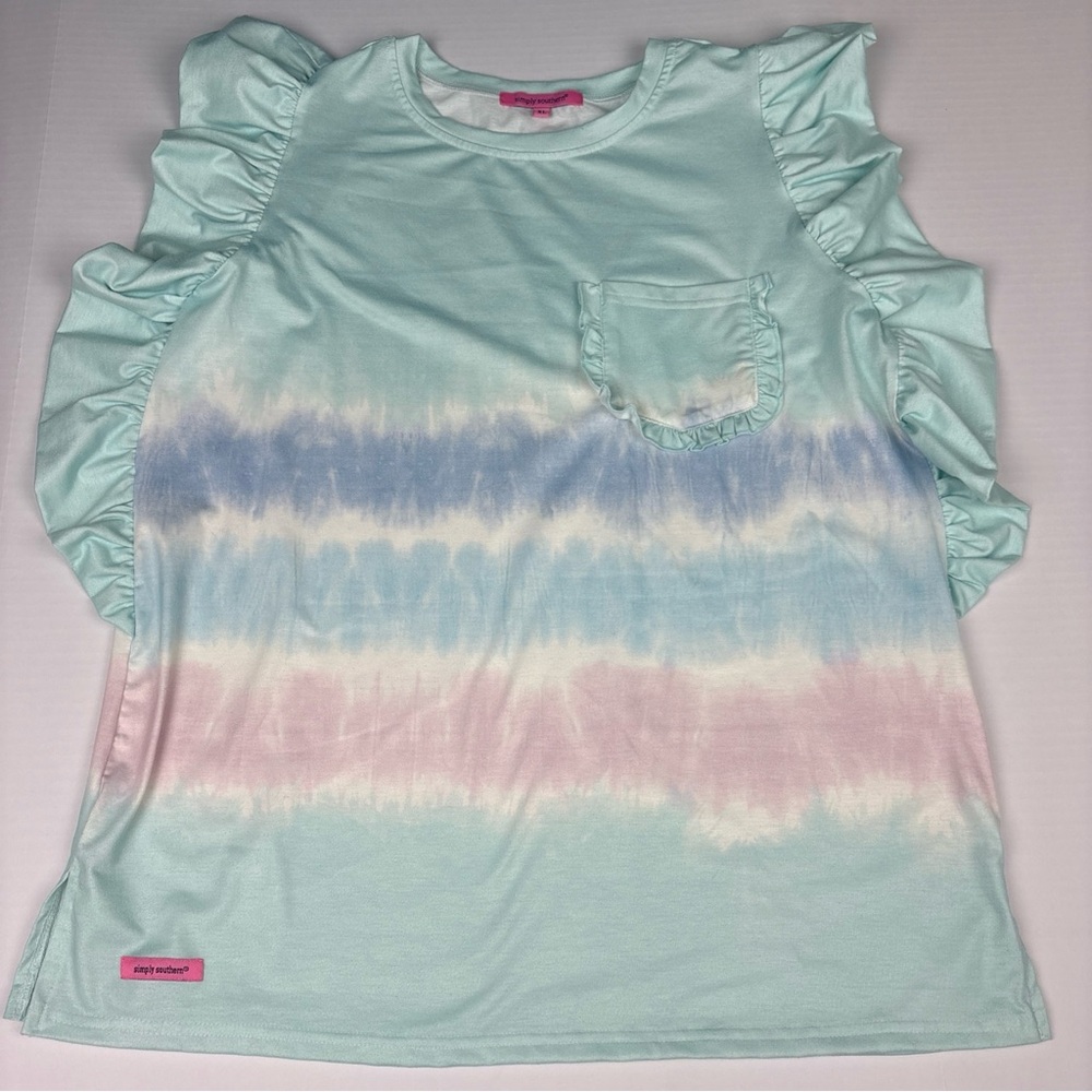 Simply Southern Women XL Shirt Pastel Tie Dye Stripe Ruffle Sleeve Preppy Summer